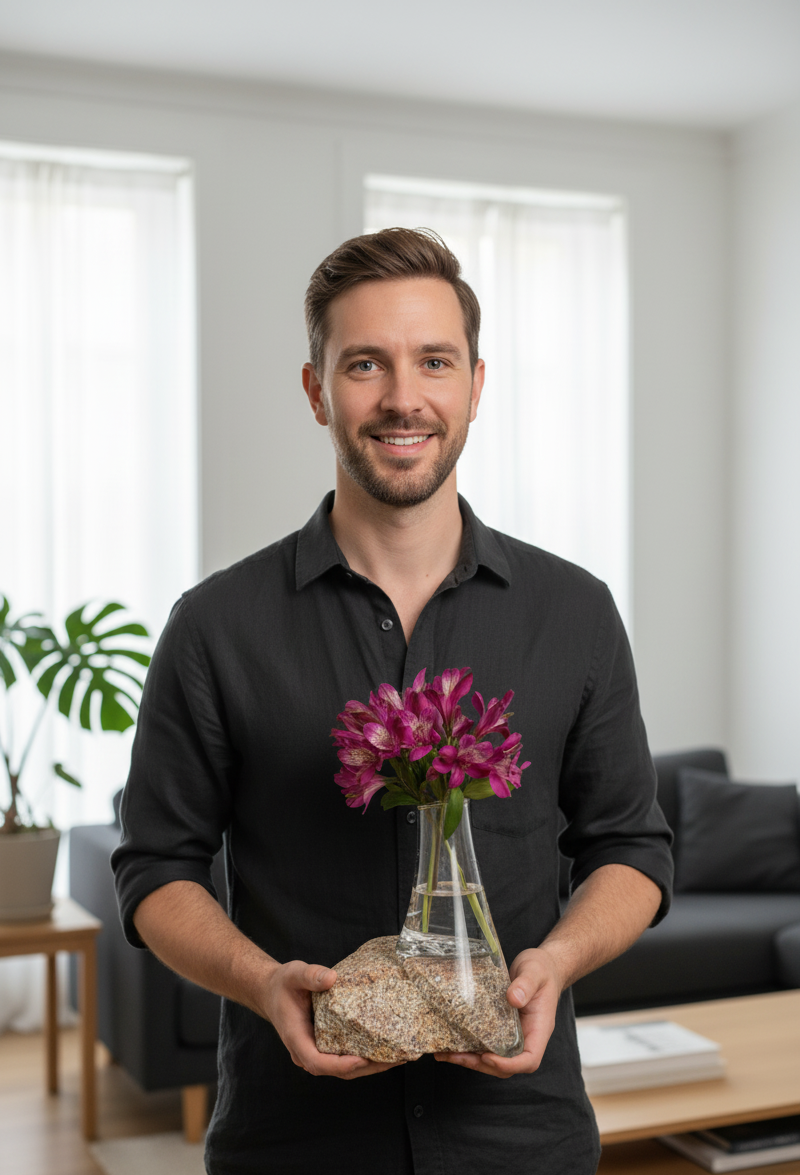 Man holding a vase with pink flowers in a living room setting